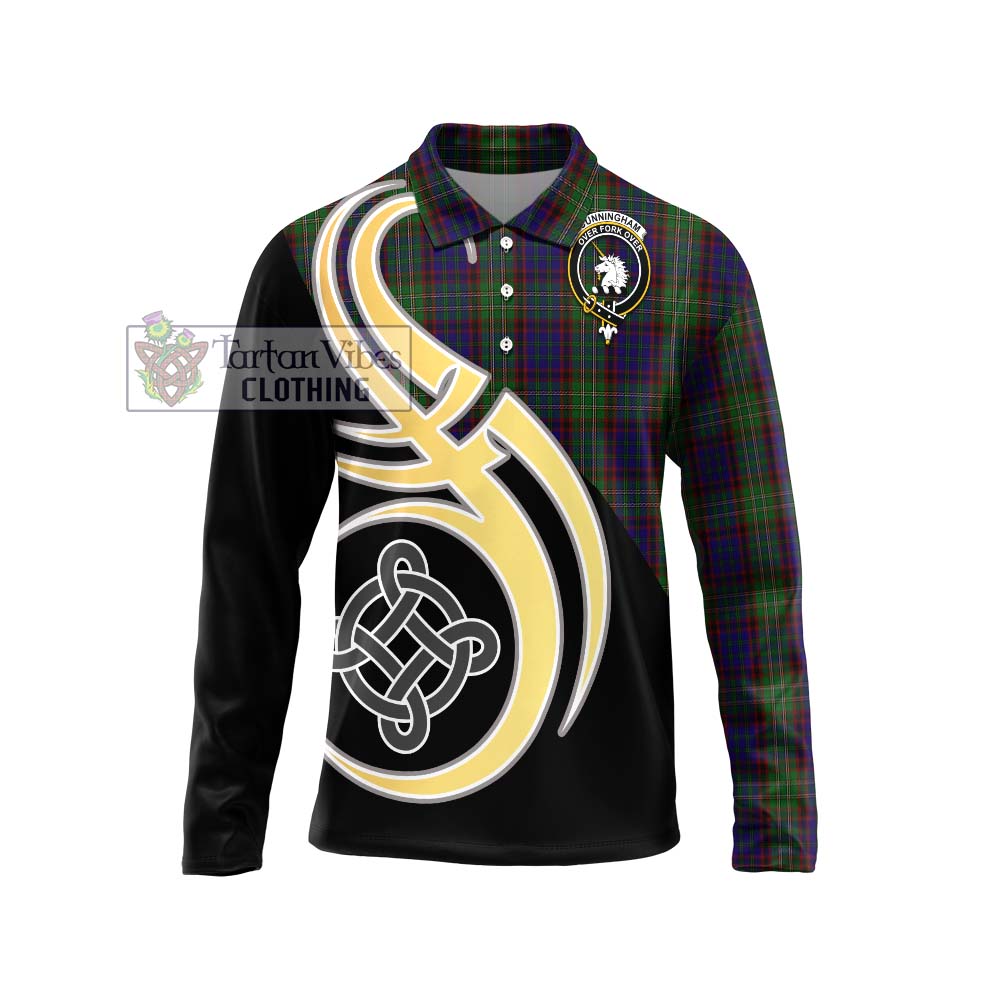 Cunningham Hunting Tartan Long Sleeve Polo Shirt with Family Crest and Celtic Symbol Style Unisex - Tartan Vibes Clothing