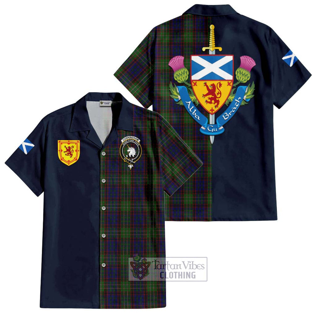 Tartan Vibes Clothing Cunningham Hunting Tartan Short Sleeve Button Shirt with Scottish Lion Royal Arm Half Style