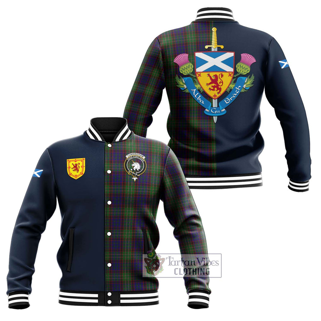 Tartan Vibes Clothing Cunningham Hunting Tartan Baseball Jacket with Scottish Lion Royal Arm Half Style