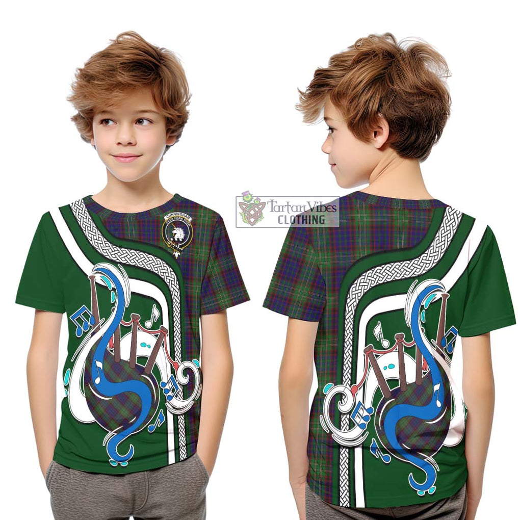 Tartan Vibes Clothing Cunningham Hunting Tartan Kid T-Shirt with Epic Bagpipe Style