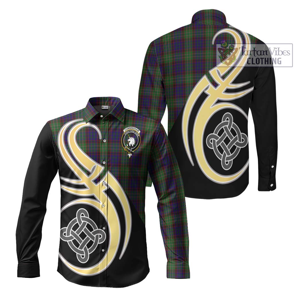 Cunningham Hunting Tartan Long Sleeve Button Shirt with Family Crest and Celtic Symbol Style Men's Shirt S - Tartan Vibes Clothing