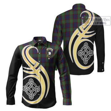 Cunningham Hunting Tartan Long Sleeve Button Shirt with Family Crest and Celtic Symbol Style