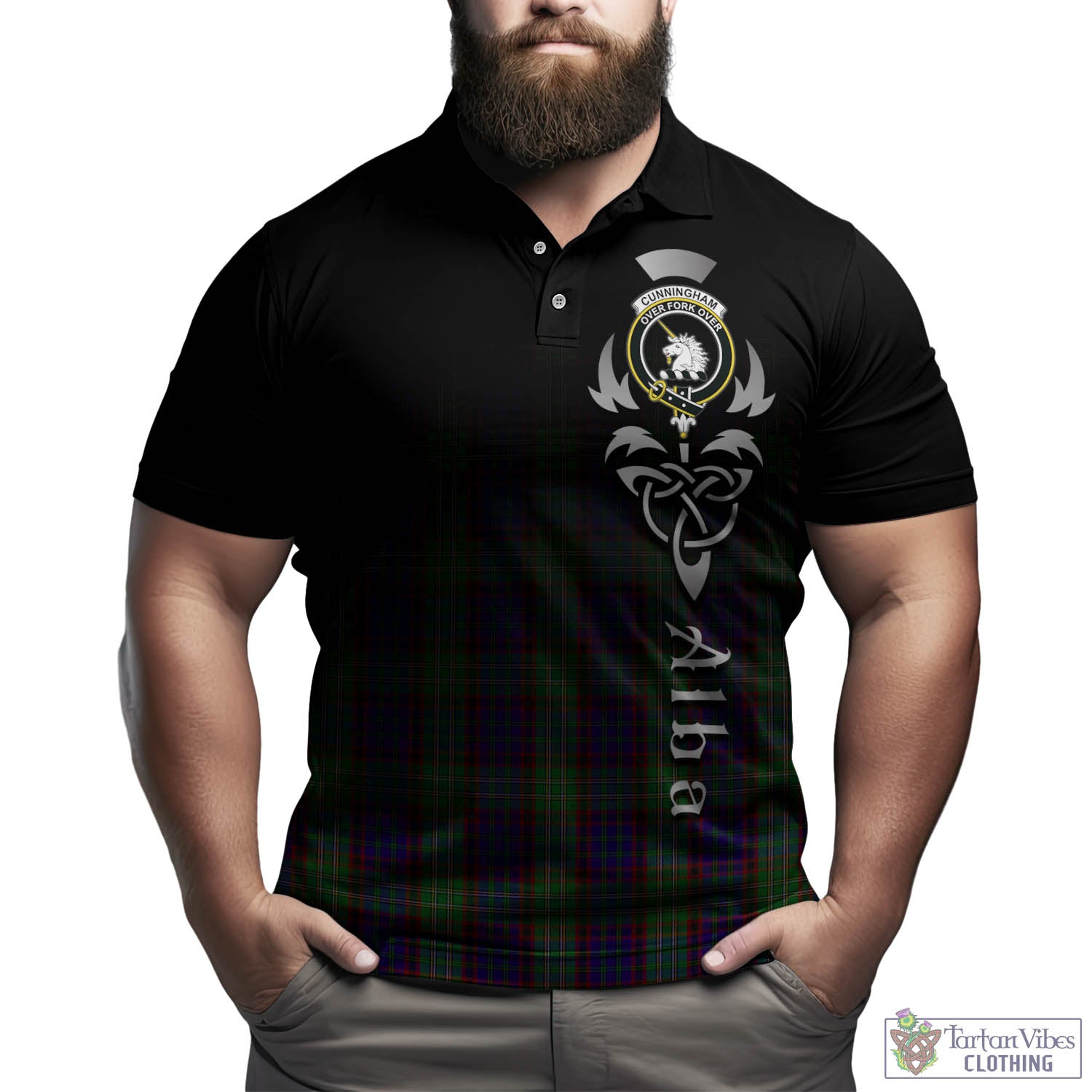 Tartan Vibes Clothing Cunningham Hunting Tartan Polo Shirt Featuring Alba Gu Brath Family Crest Celtic Inspired