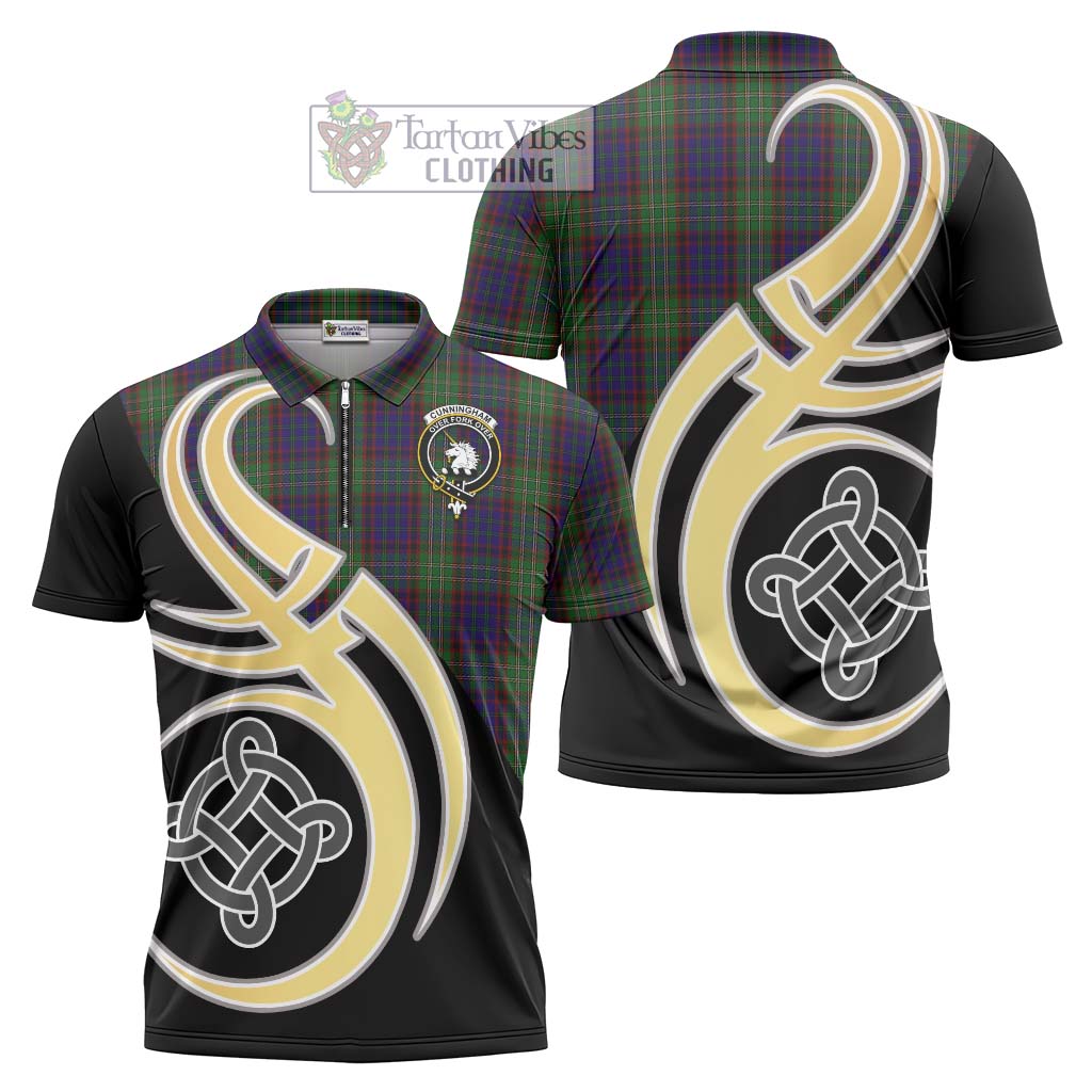 Tartan Vibes Clothing Cunningham Hunting Tartan Zipper Polo Shirt with Family Crest and Celtic Symbol Style