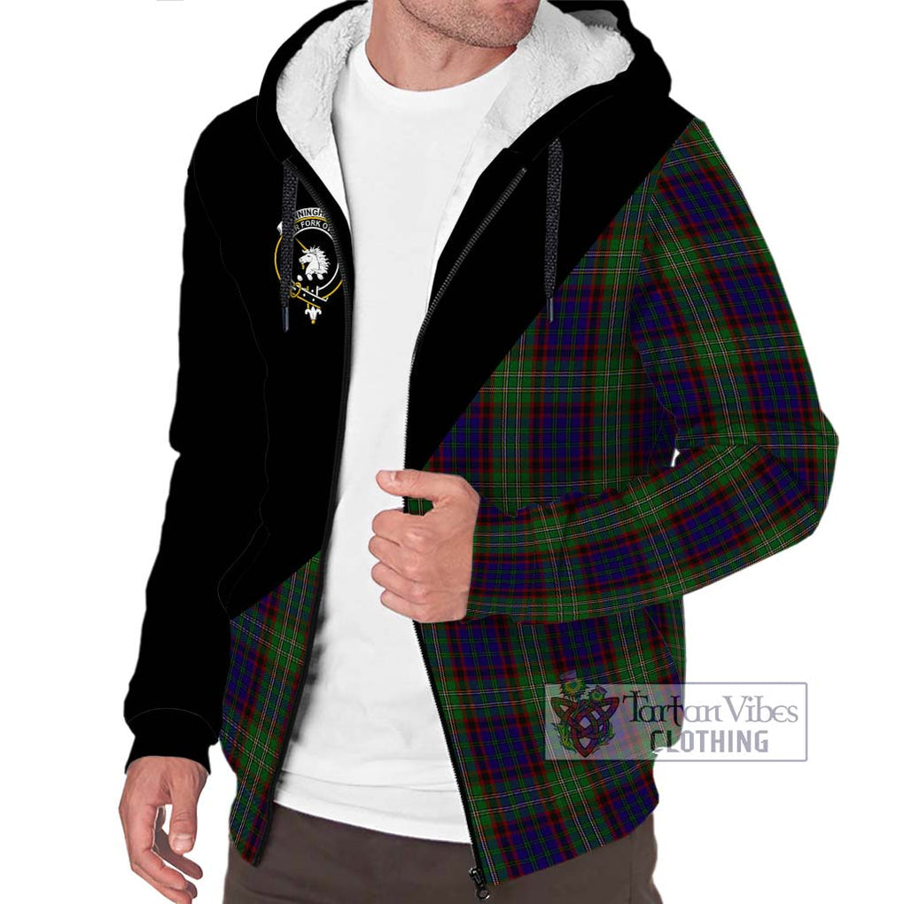 Cunningham Hunting Tartan Sherpa Hoodie with Family Crest and Military Logo Style Unisex S - Tartanvibesclothing Shop