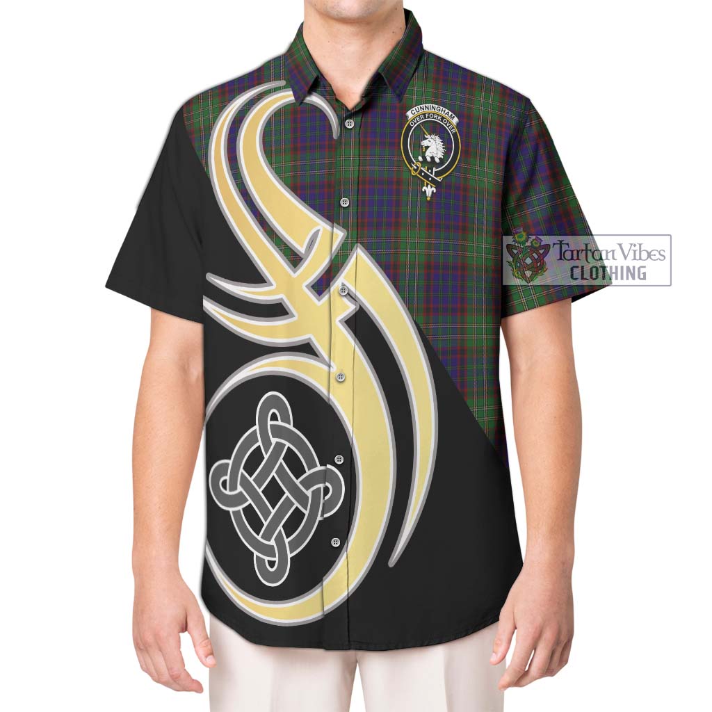 Cunningham Hunting Tartan Short Sleeve Button Shirt with Family Crest and Celtic Symbol Style Kid - Tartan Vibes Clothing