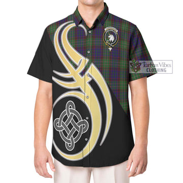 Cunningham Hunting Tartan Short Sleeve Button Shirt with Family Crest and Celtic Symbol Style