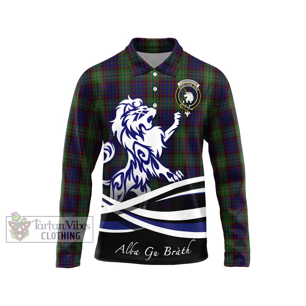 Cunningham Hunting Tartan Long Sleeve Polo Shirt with Alba Gu Brath Regal Lion Emblem Unisex - Tartanvibesclothing Shop