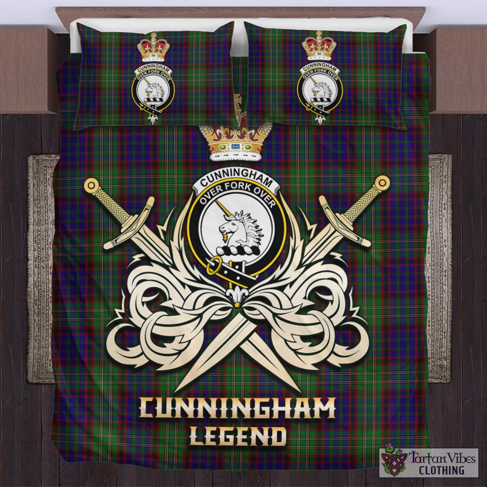 Tartan Vibes Clothing Cunningham Hunting Tartan Bedding Set with Clan Crest and the Golden Sword of Courageous Legacy