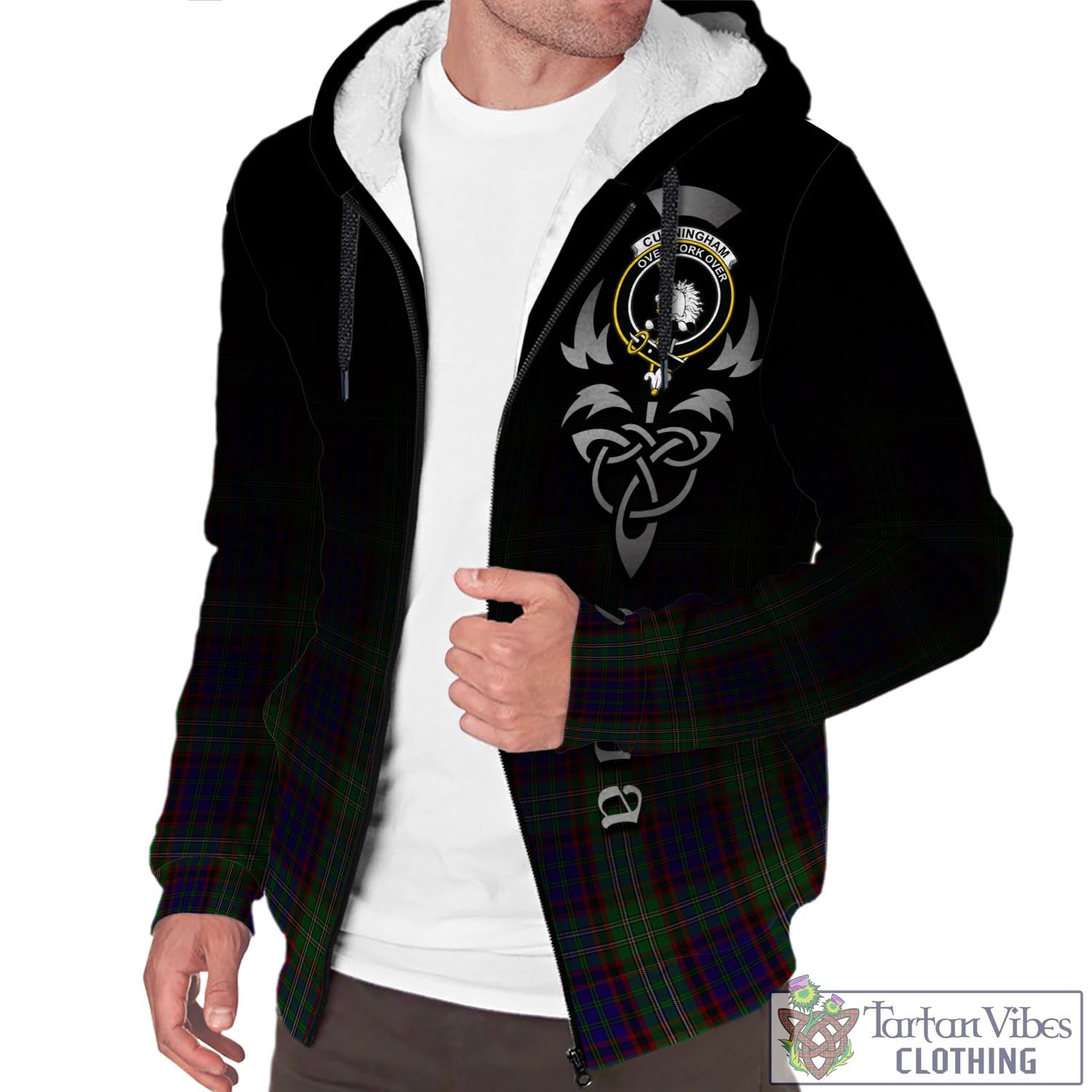 Tartan Vibes Clothing Cunningham Hunting Tartan Sherpa Hoodie Featuring Alba Gu Brath Family Crest Celtic Inspired