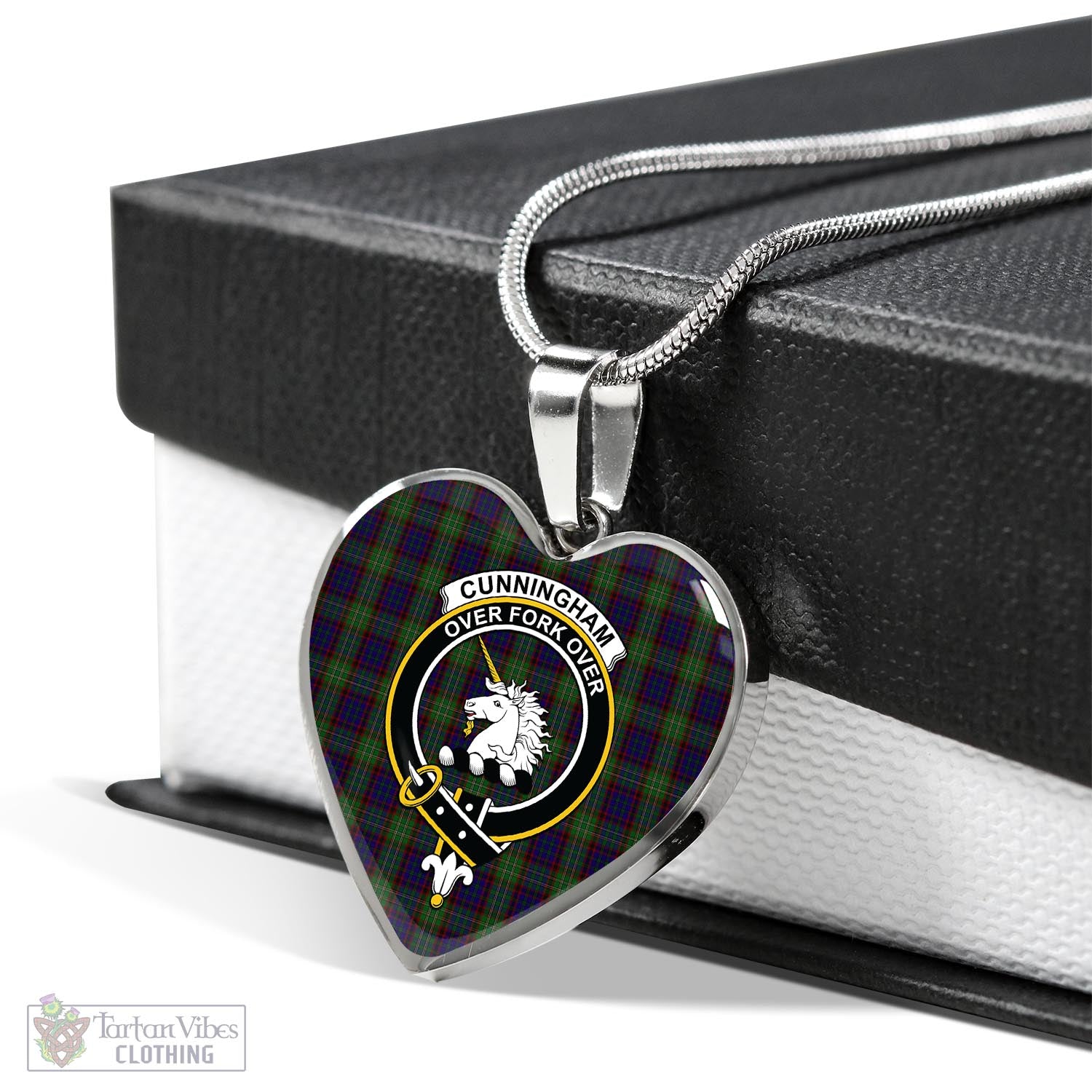 Tartan Vibes Clothing Cunningham Hunting Tartan Heart Necklace with Family Crest