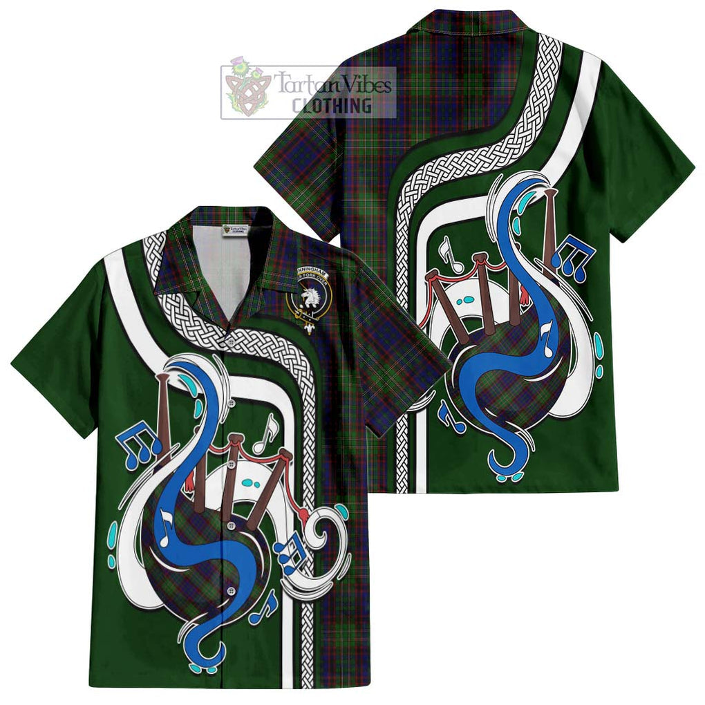 Cunningham Hunting Tartan Short Sleeve Button Shirt with Epic Bagpipe Style Kid - Tartanvibesclothing Shop