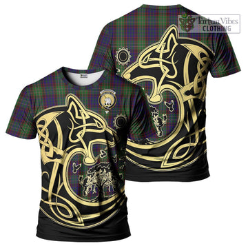 Cunningham Hunting Tartan T-Shirt with Family Crest Celtic Wolf Style