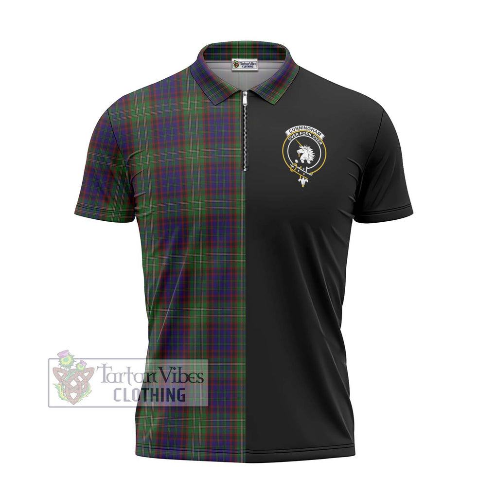 Cunningham Hunting Tartan Zipper Polo Shirt with Family Crest and Half Of Me Style - Tartanvibesclothing Shop