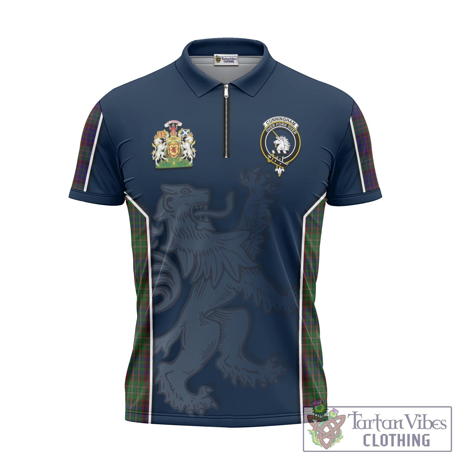 Tartan Vibes Clothing Cunningham Hunting Tartan Zipper Polo Shirt with Family Crest and Lion Rampant Vibes Sport Style