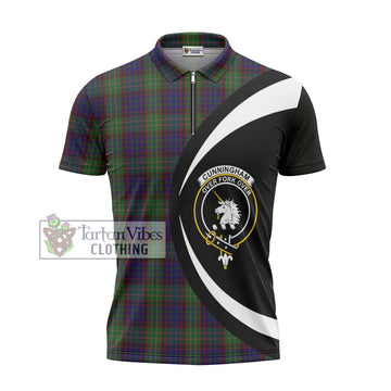 Cunningham Hunting Tartan Zipper Polo Shirt with Family Crest Circle Style