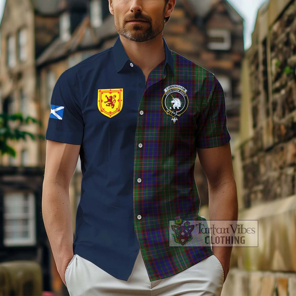 Tartan Vibes Clothing Cunningham Hunting Tartan Short Sleeve Button Shirt with Scottish Lion Royal Arm Half Style