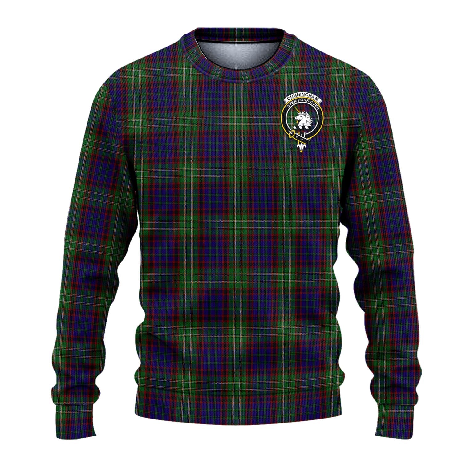 Cunningham Hunting Tartan Knitted Sweater with Family Crest - Tartanvibesclothing