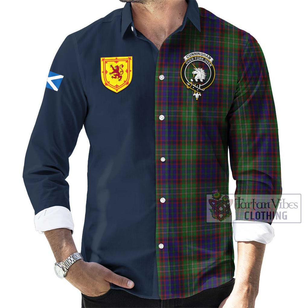 Tartan Vibes Clothing Cunningham Hunting Tartan Long Sleeve Button Shirt with Scottish Lion Royal Arm Half Style