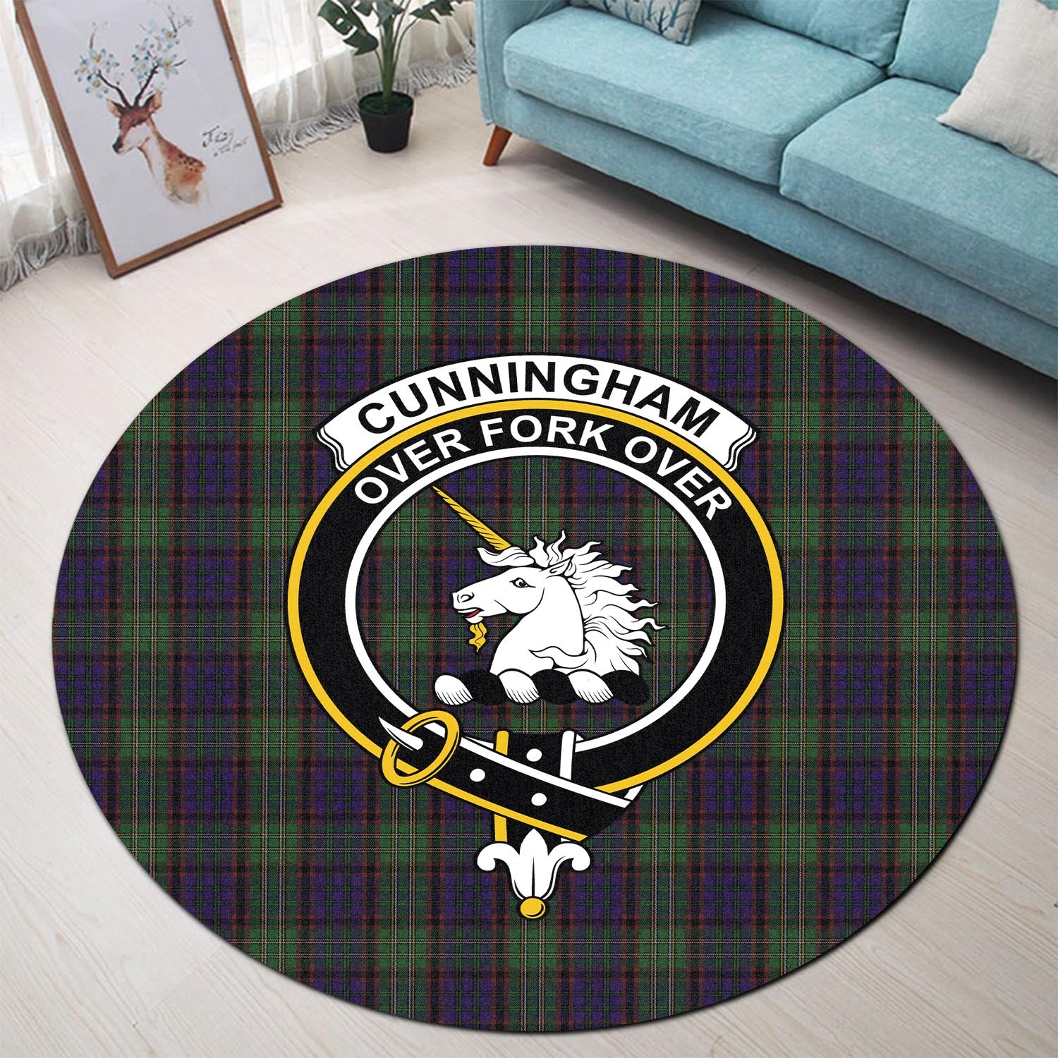 Cunningham Hunting Tartan Round Rug with Family Crest - Tartanvibesclothing