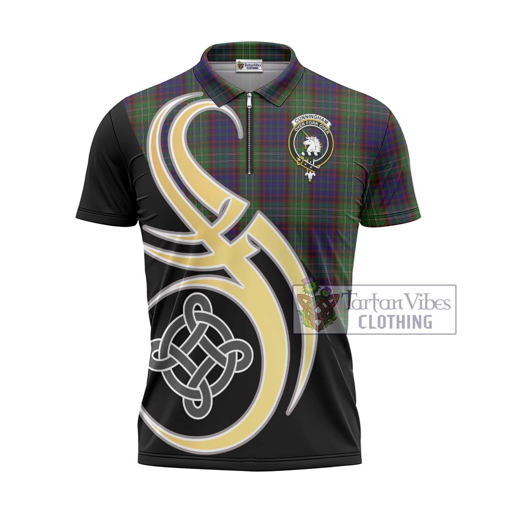 Tartan Vibes Clothing Cunningham Hunting Tartan Zipper Polo Shirt with Family Crest and Celtic Symbol Style