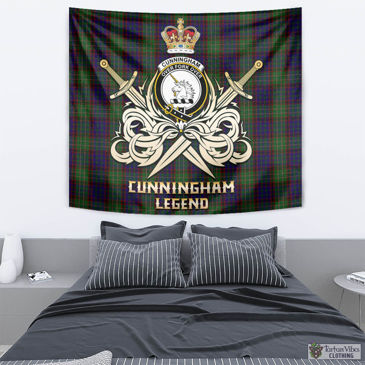 Tartan Vibes Clothing Cunningham Hunting Tartan Tapestry with Clan Crest and the Golden Sword of Courageous Legacy