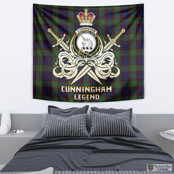 Cunningham Hunting Tartan Tapestry with Clan Crest and the Golden Sword of Courageous Legacy