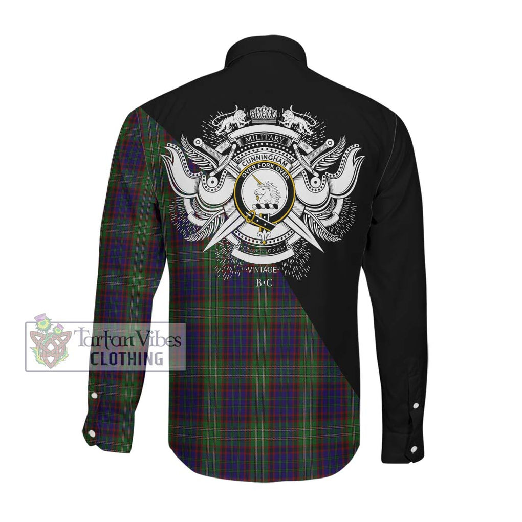 Cunningham Hunting Tartan Long Sleeve Button Shirt with Family Crest and Military Logo Style Men's Shirt - Tartanvibesclothing Shop