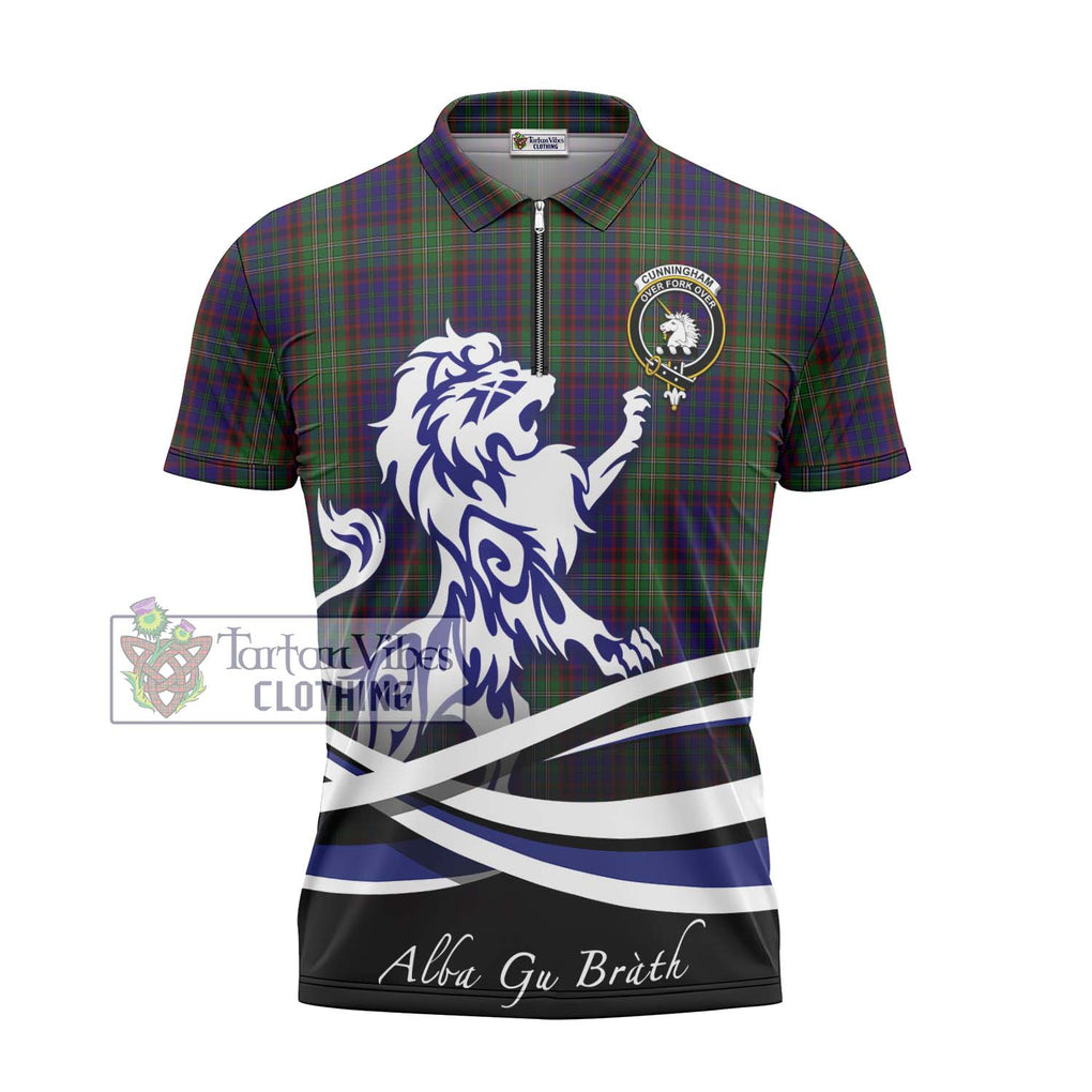 Cunningham Hunting Tartan Zipper Polo Shirt with Alba Gu Brath Regal Lion Emblem - Tartanvibesclothing Shop