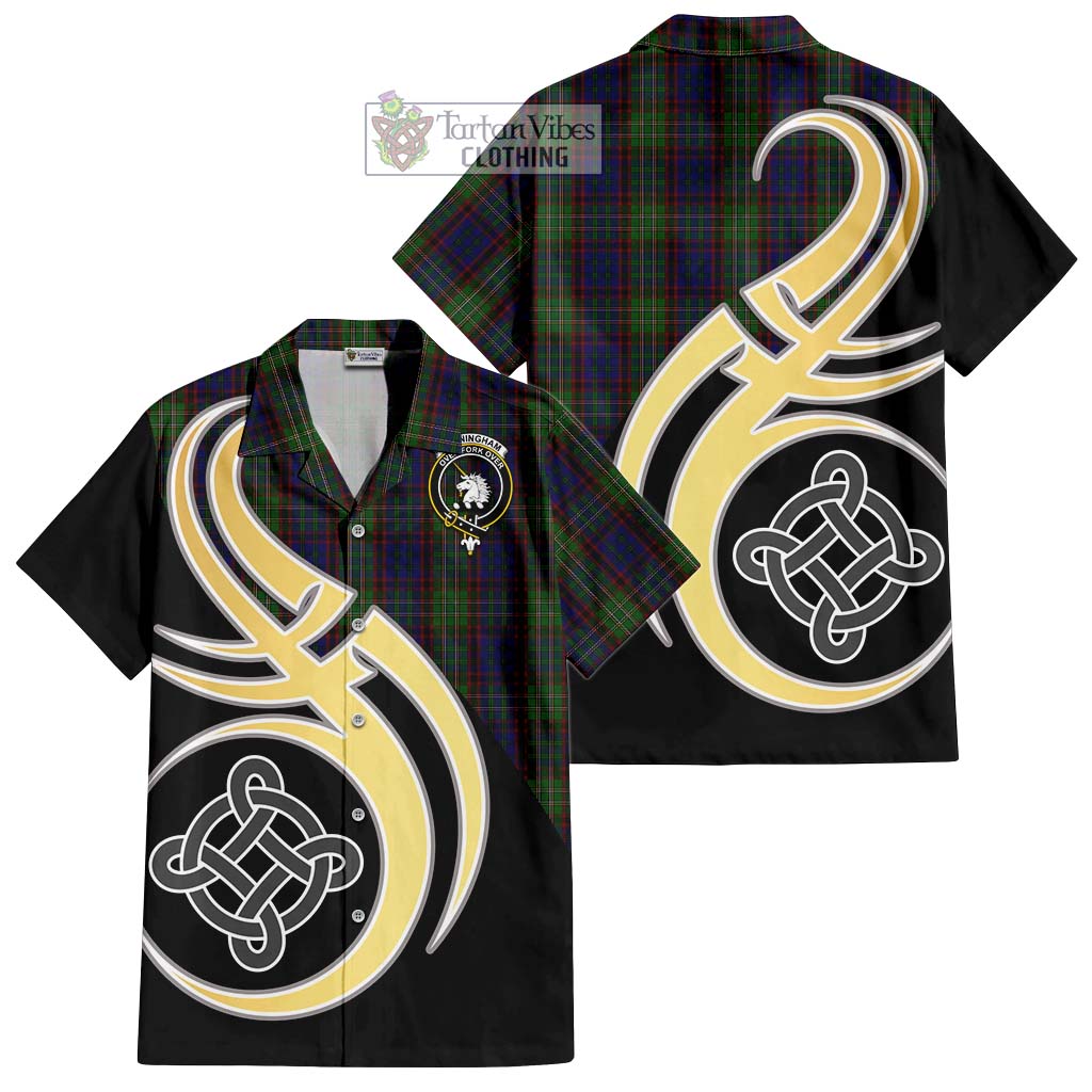 Cunningham Hunting Tartan Short Sleeve Button Shirt with Family Crest and Celtic Symbol Style - Tartan Vibes Clothing