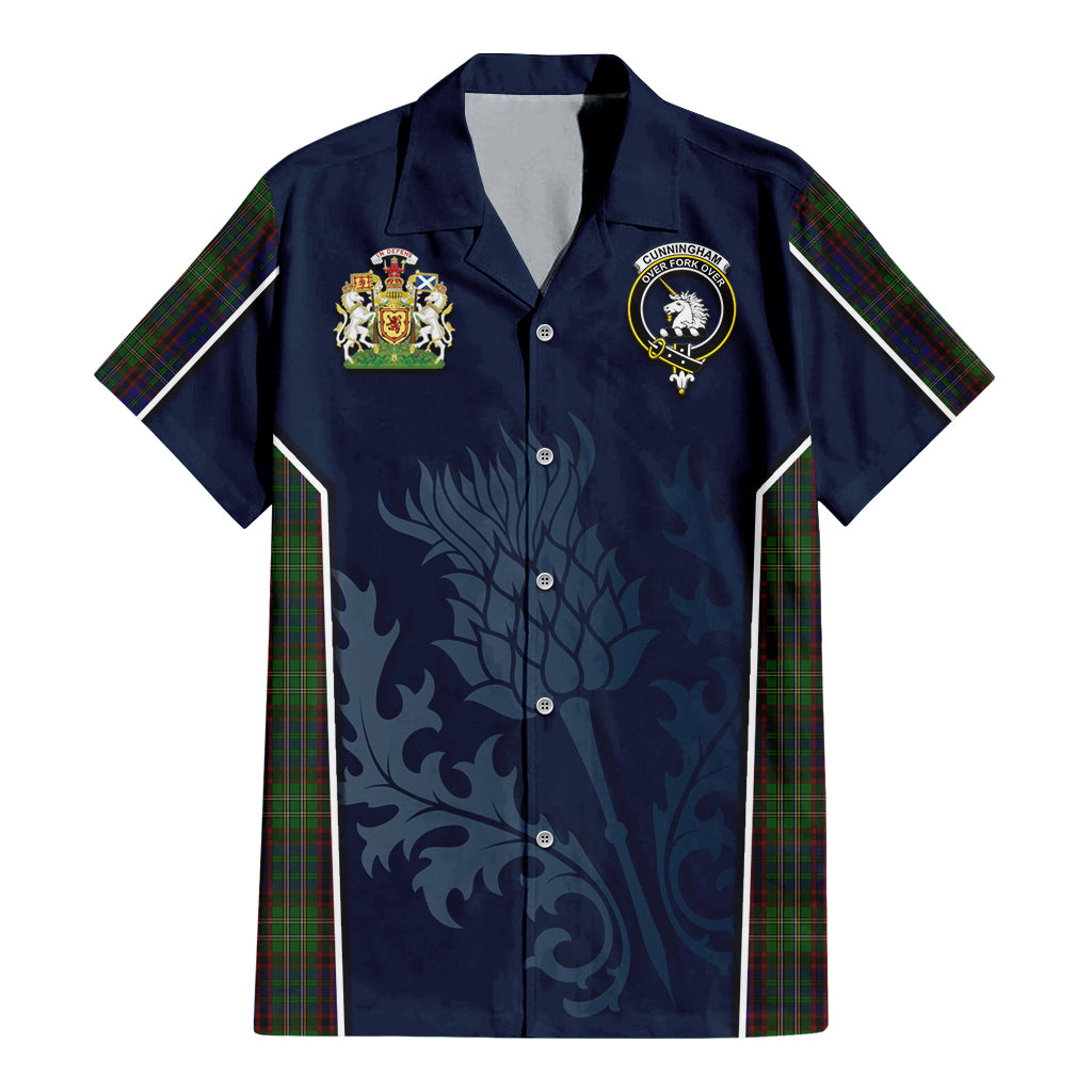 Tartan Vibes Clothing Cunningham Hunting Tartan Short Sleeve Button Up Shirt with Family Crest and Scottish Thistle Vibes Sport Style