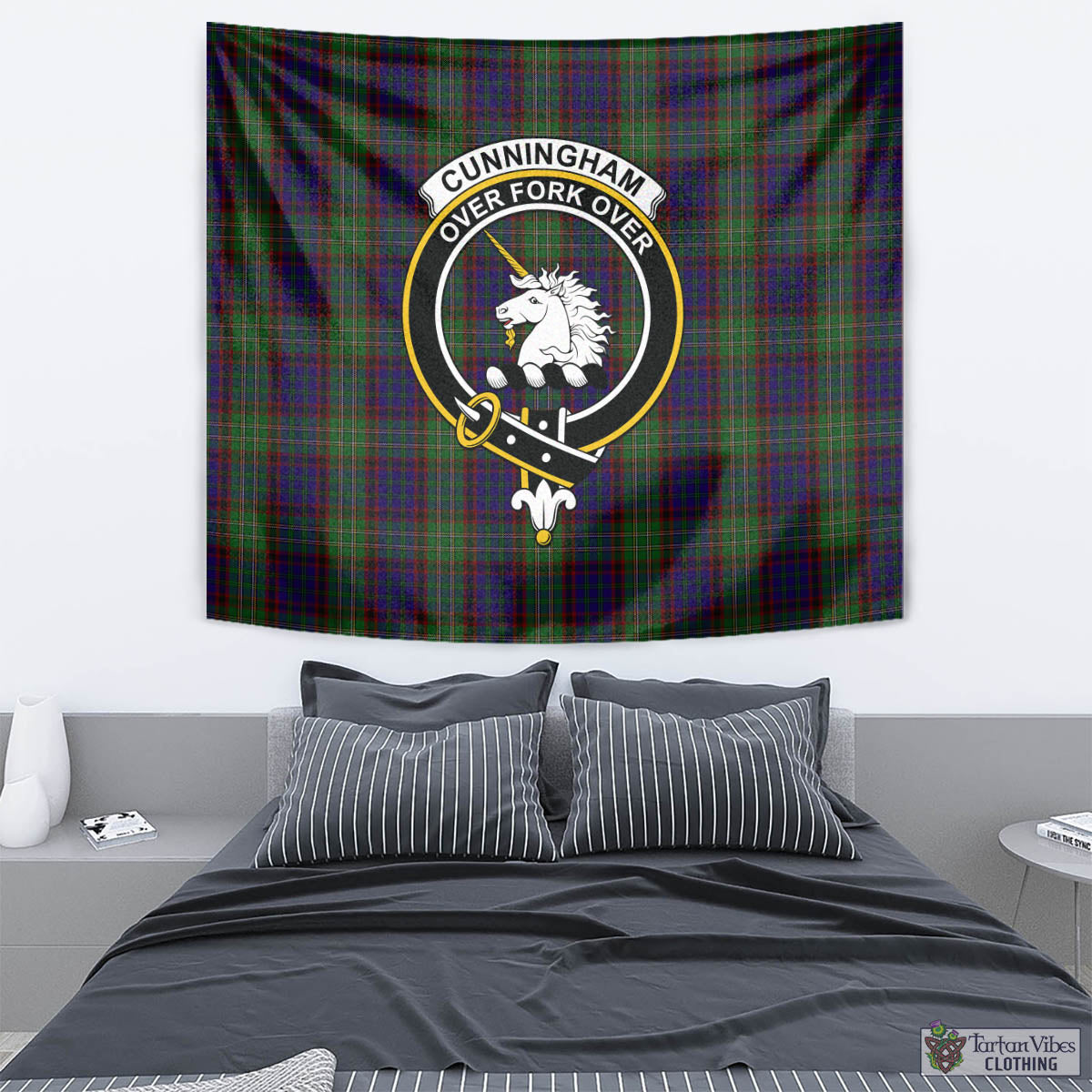 Tartan Vibes Clothing Cunningham Hunting Tartan Tapestry Wall Hanging and Home Decor for Room with Family Crest