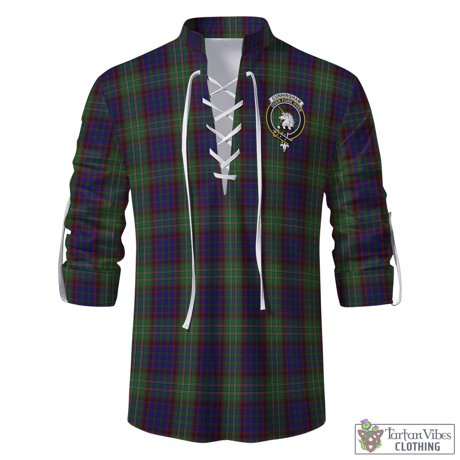 Tartan Vibes Clothing Cunningham Hunting Tartan Men's Scottish Traditional Jacobite Ghillie Kilt Shirt with Family Crest