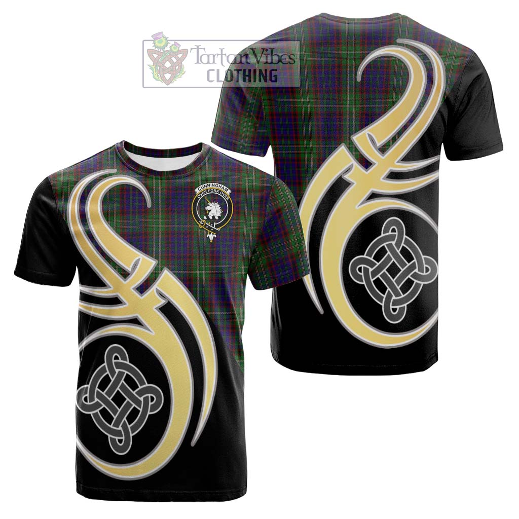 Tartan Vibes Clothing Cunningham Hunting Tartan Cotton T-shirt with Family Crest and Celtic Symbol Style