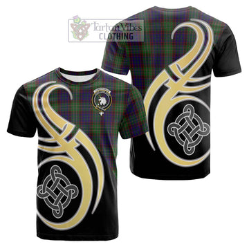 Cunningham Hunting Tartan Cotton T-shirt with Family Crest and Celtic Symbol Style