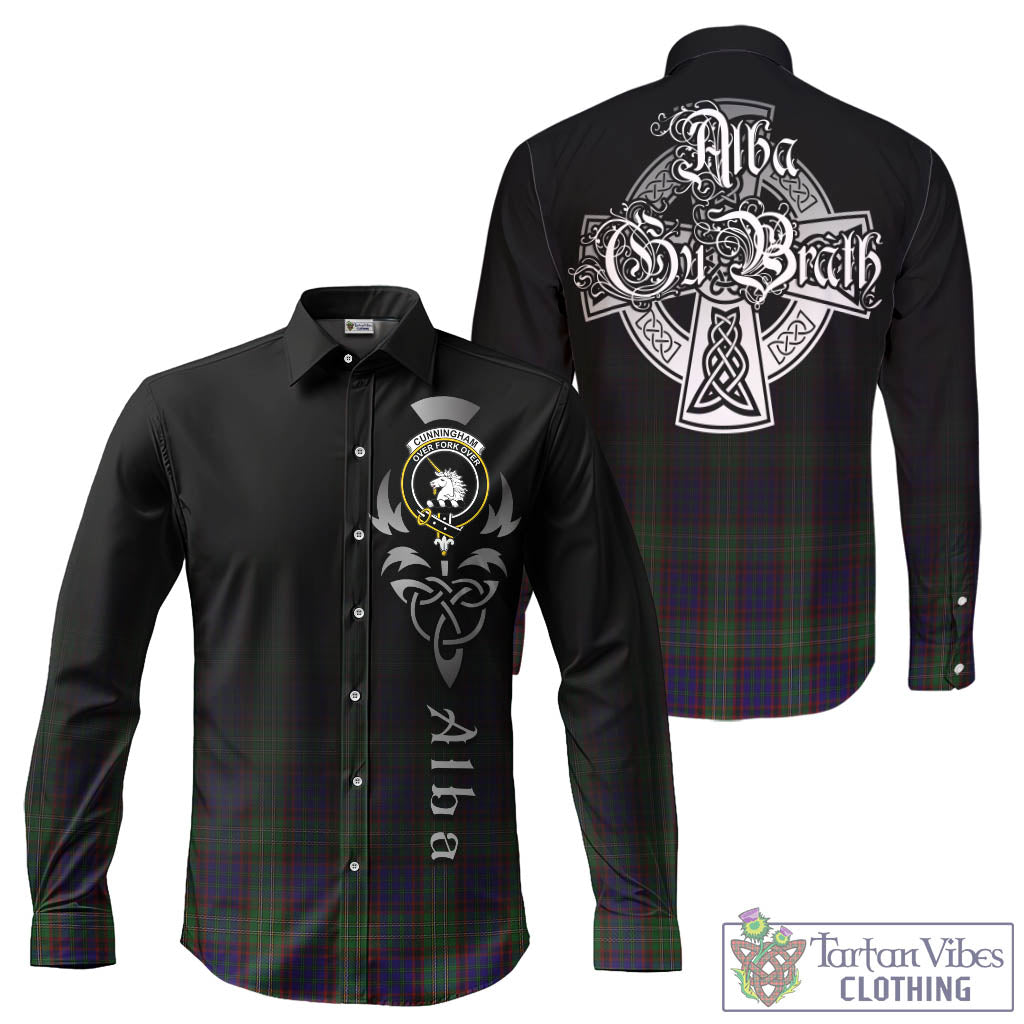 Tartan Vibes Clothing Cunningham Hunting Tartan Long Sleeve Button Up Featuring Alba Gu Brath Family Crest Celtic Inspired