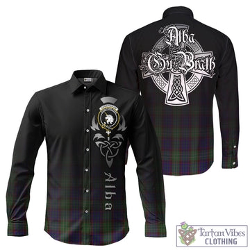 Cunningham Hunting Tartan Long Sleeve Button Up Featuring Alba Gu Brath Family Crest Celtic Inspired