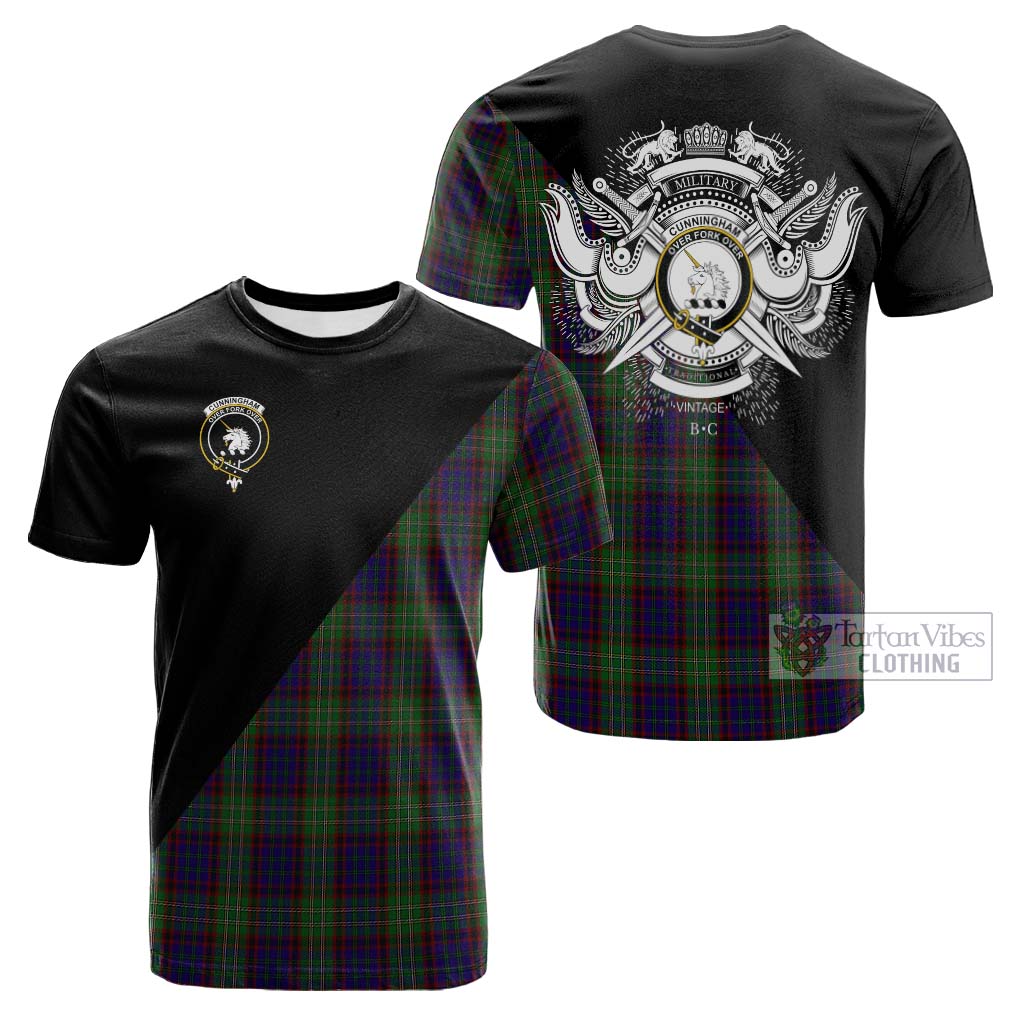 Tartan Vibes Clothing Cunningham Hunting Tartan Cotton T-shirt with Family Crest and Military Logo Style