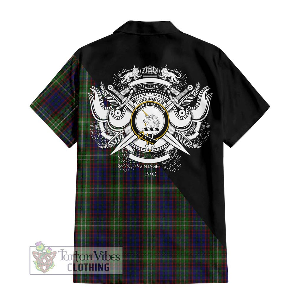 Cunningham Hunting Tartan Short Sleeve Button Shirt with Family Crest and Military Logo Style - Tartanvibesclothing Shop