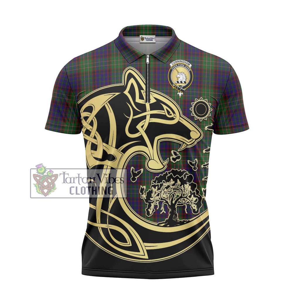 Cunningham Hunting Tartan Zipper Polo Shirt with Family Crest Celtic Wolf Style - Tartanvibesclothing Shop