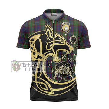 Cunningham Hunting Tartan Zipper Polo Shirt with Family Crest Celtic Wolf Style