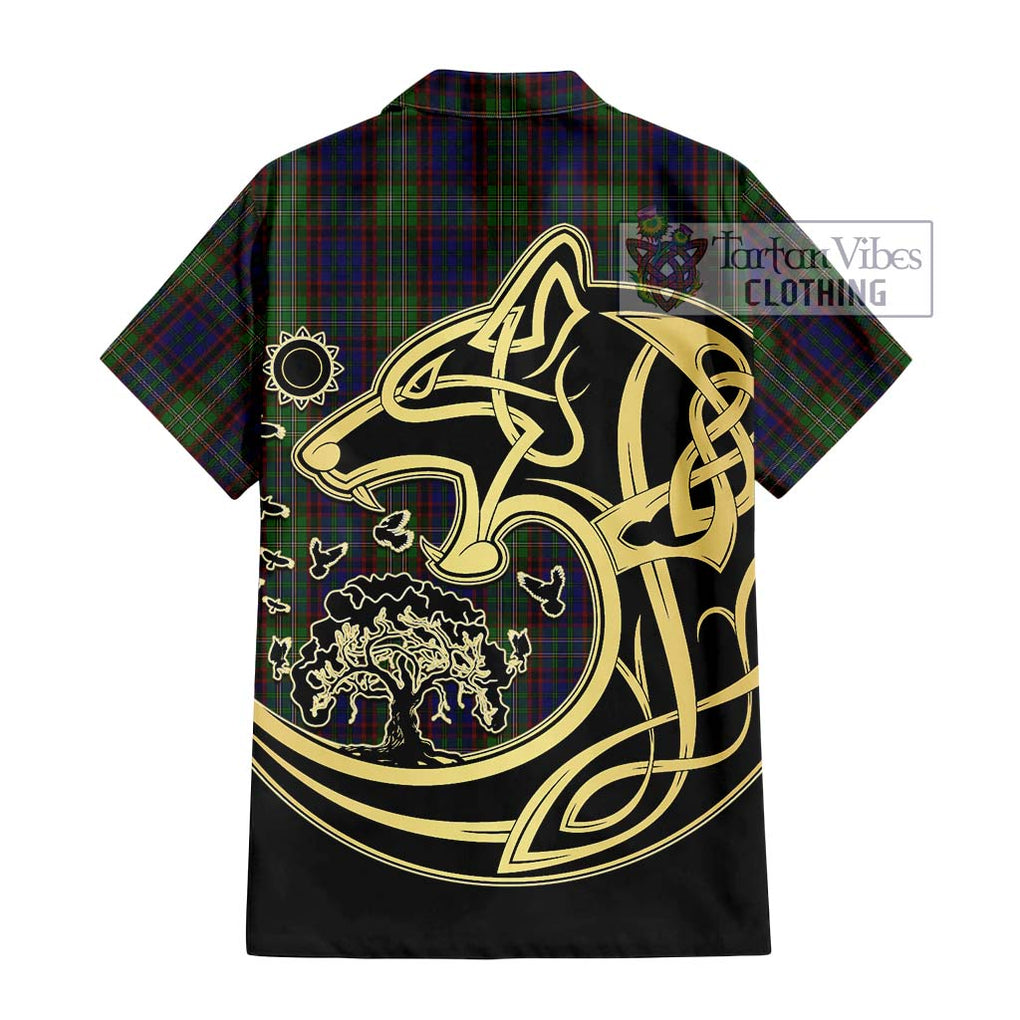 Cunningham Hunting Tartan Short Sleeve Button Shirt with Family Crest Celtic Wolf Style - Tartan Vibes Clothing