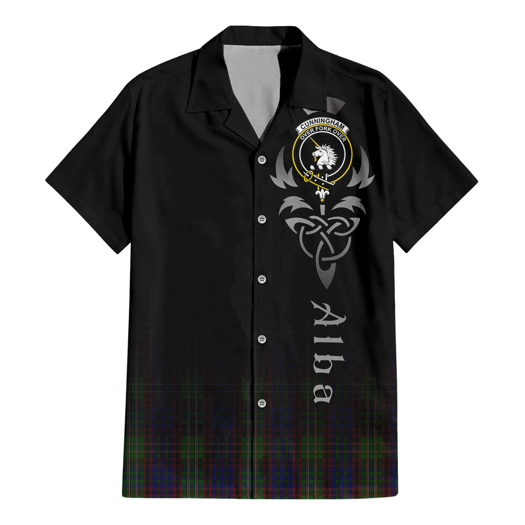 Tartan Vibes Clothing Cunningham Hunting Tartan Short Sleeve Button Up Featuring Alba Gu Brath Family Crest Celtic Inspired