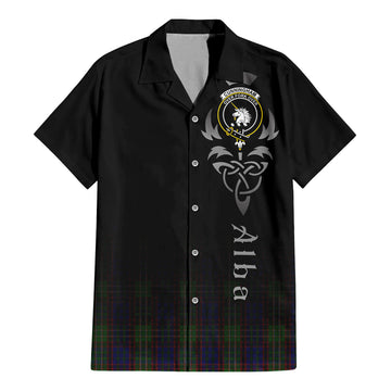 Cunningham Hunting Tartan Short Sleeve Button Up Shirt Featuring Alba Gu Brath Family Crest Celtic Inspired