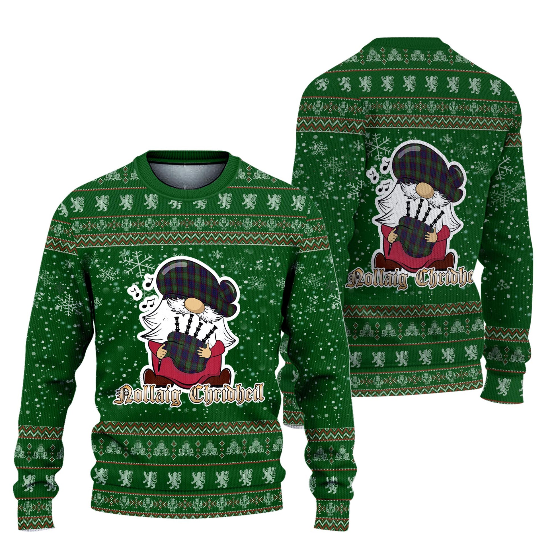 Cunningham Hunting Clan Christmas Family Knitted Sweater with Funny Gnome Playing Bagpipes Unisex Green - Tartanvibesclothing