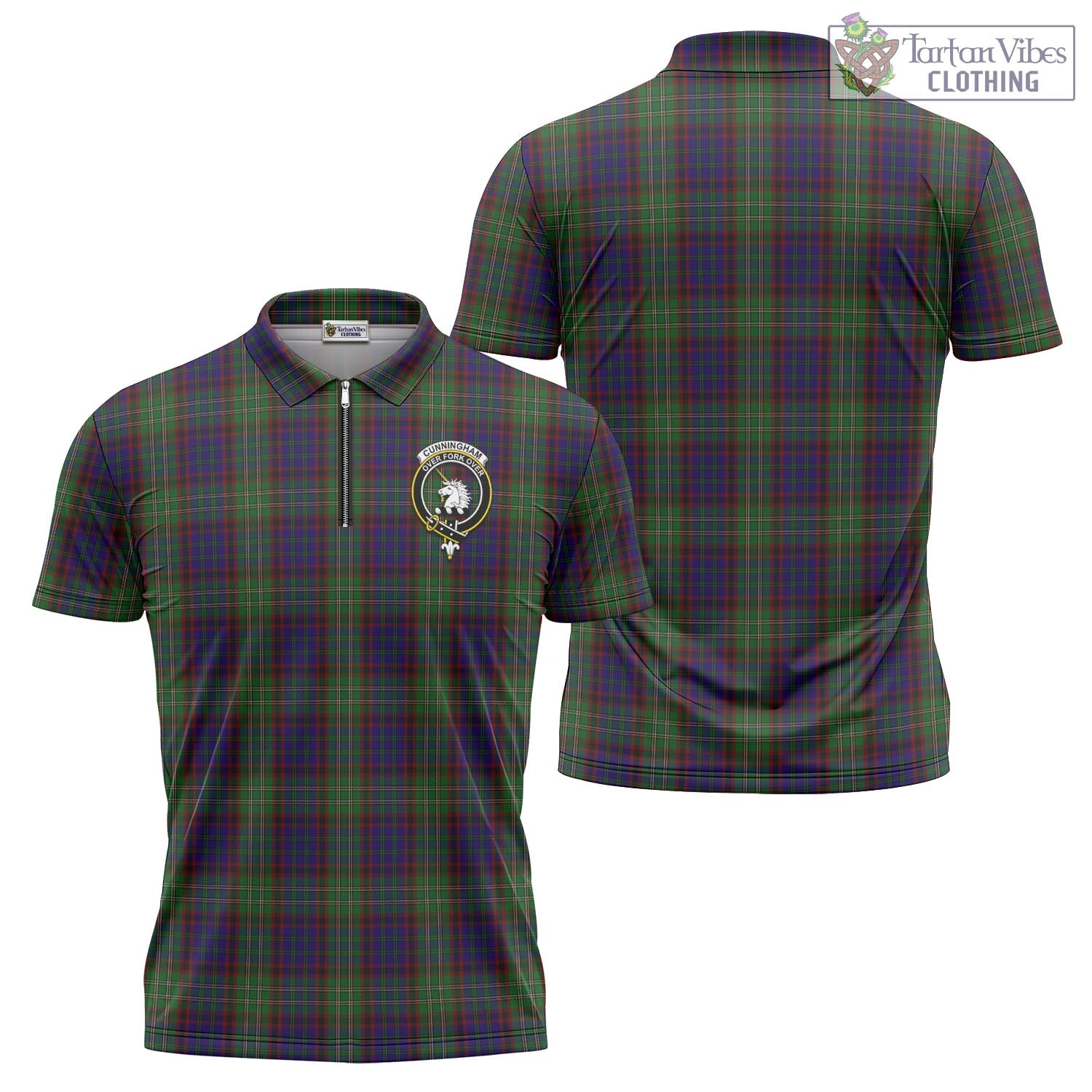 Tartan Vibes Clothing Cunningham Hunting Tartan Zipper Polo Shirt with Family Crest