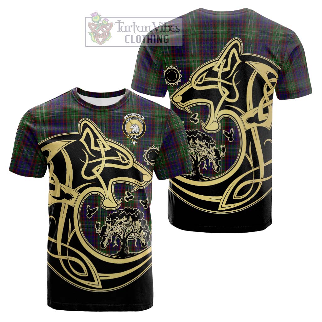 Tartan Vibes Clothing Cunningham Hunting Tartan Cotton T-shirt with Family Crest Celtic Wolf Style