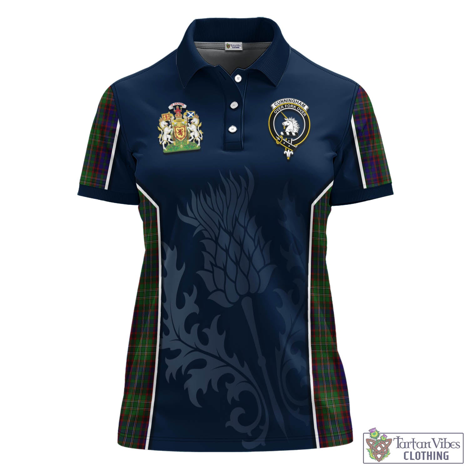 Tartan Vibes Clothing Cunningham Hunting Tartan Women's Polo Shirt with Family Crest and Scottish Thistle Vibes Sport Style