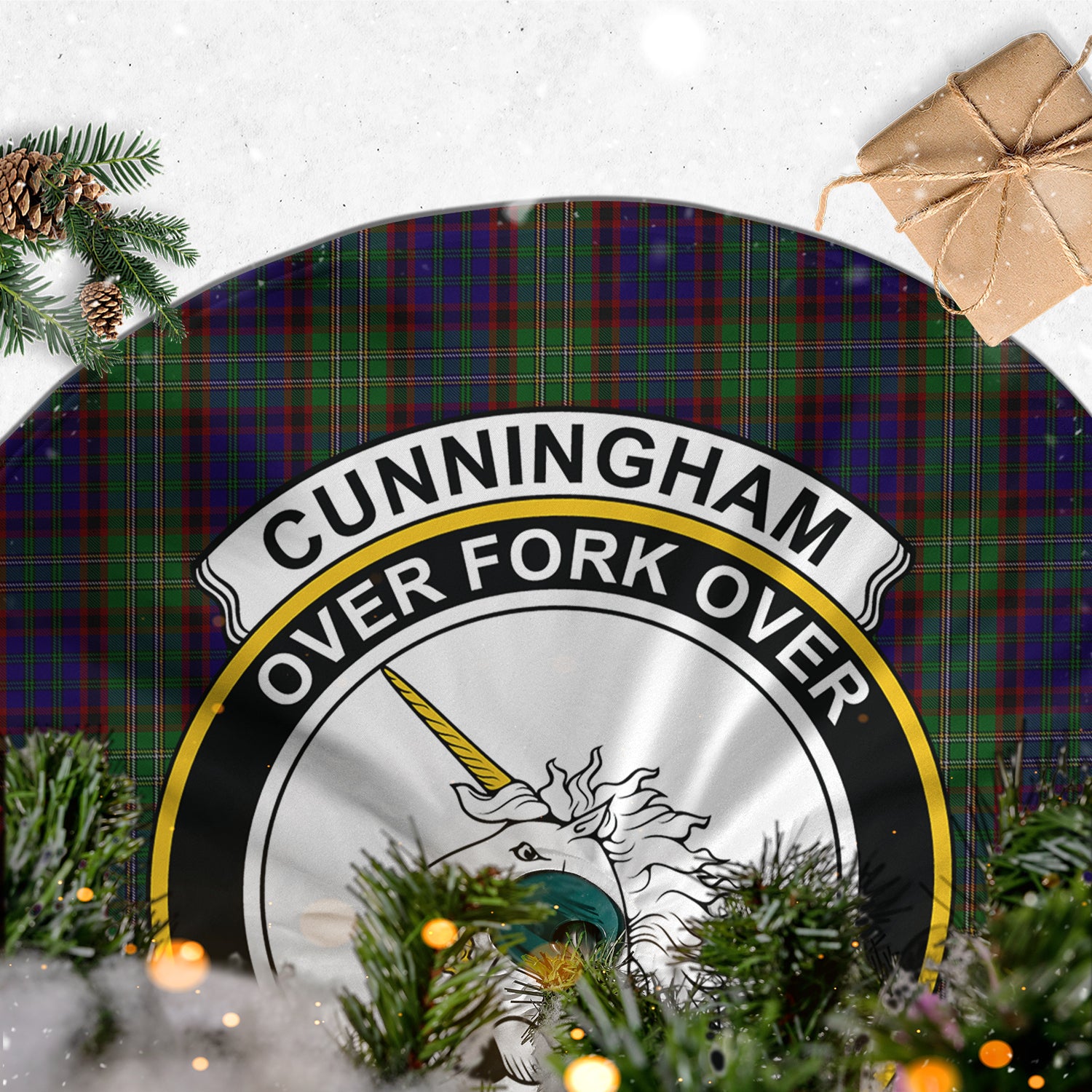 Cunningham Hunting Tartan Christmas Tree Skirt with Family Crest - Tartanvibesclothing