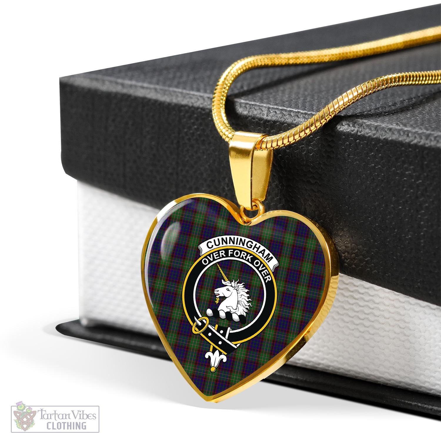 Tartan Vibes Clothing Cunningham Hunting Tartan Heart Necklace with Family Crest